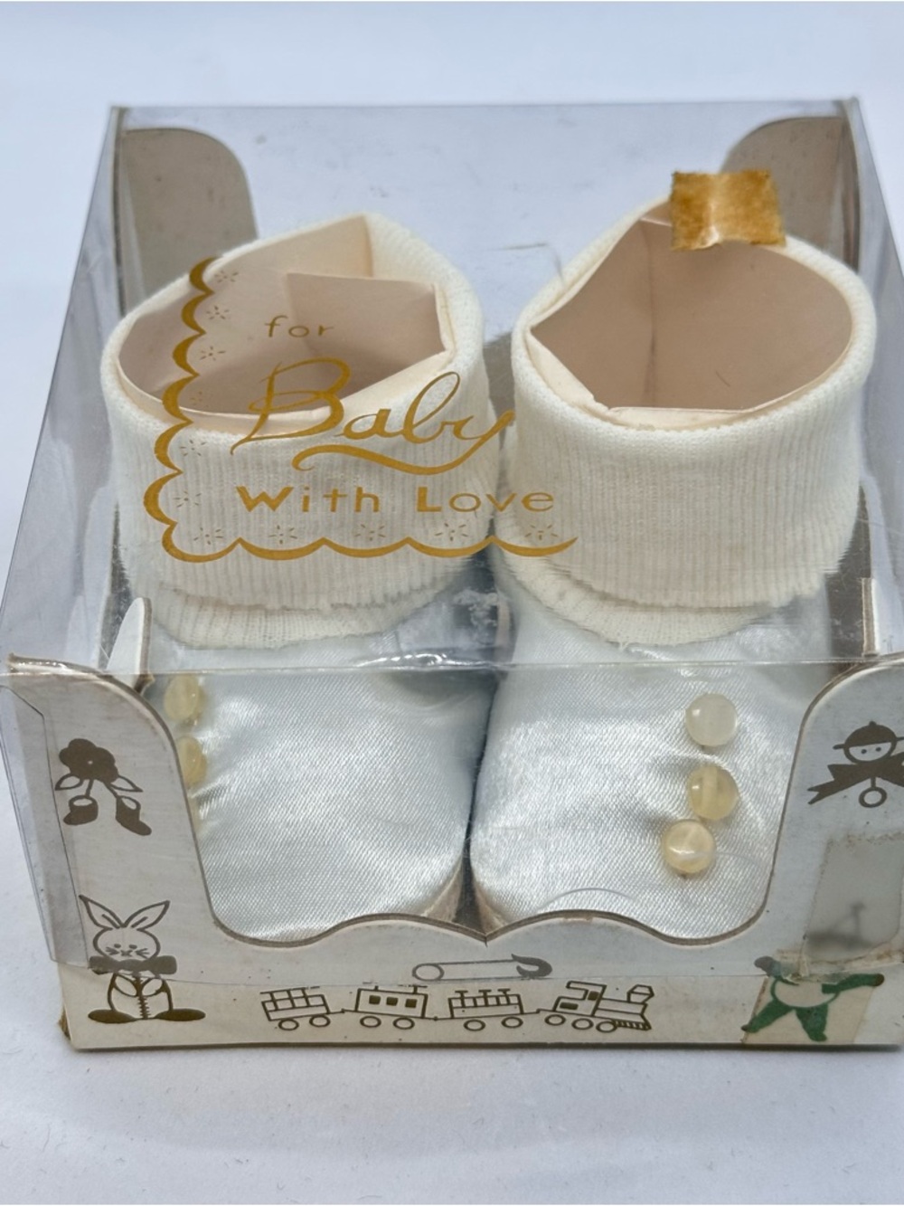 NOS VTG Japan Baby Size 1 Blue and White Booties Shoes For Baby with Love in Box